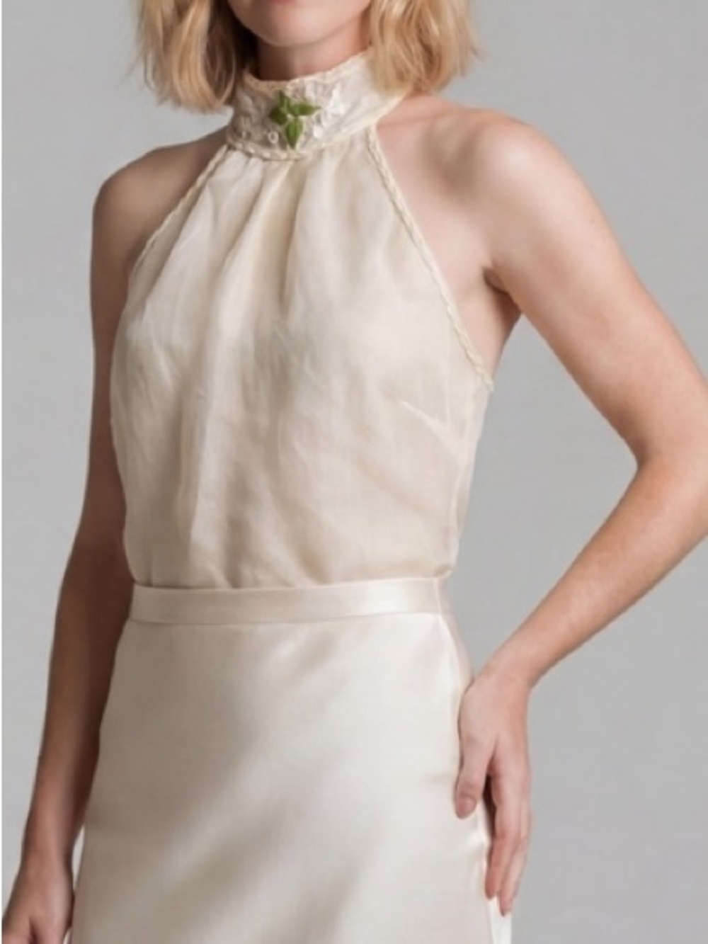 vintage Y2k Max Studio halter mock neck top cream sheer overlay Linen Resortwear